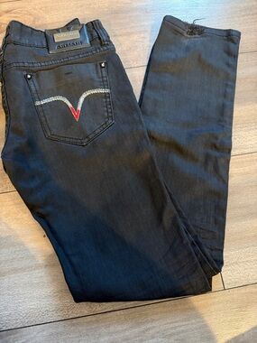 Armani Exchange Women’s Black Skinny Jeans with Rhinestone & Red Accent